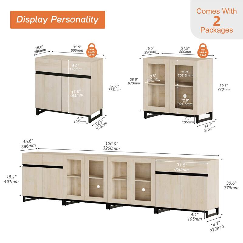 Modern Sideboard with Adjustable Shelves, 4 in 1 Storage Cabinet with Glass Doors, Coffee Bar Cabinet