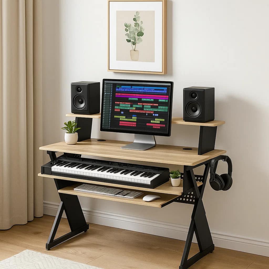 Tin 47 Inch Wood Music Desk Studio Station, Keyboard Tray, Shelves, Brown