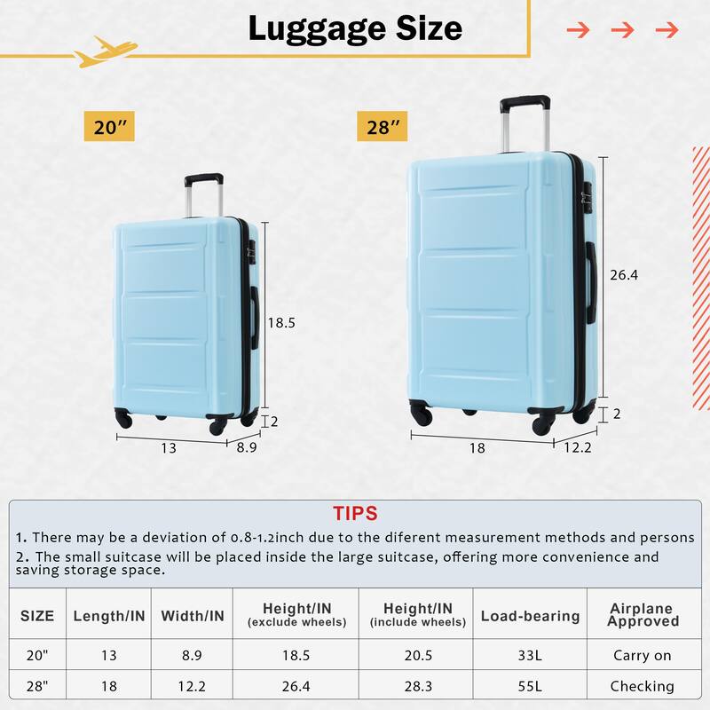 2-Piece, Modern Luggage Sets, Expandable Luggage with 360-Degree Swivel Wheels and TSA lock, for Boarding Travel, Light Blue
