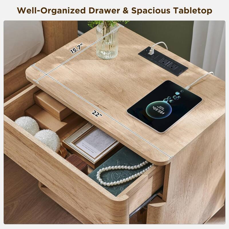 Modern Nightstand with Charging Station, End Table, Wood Beside Table