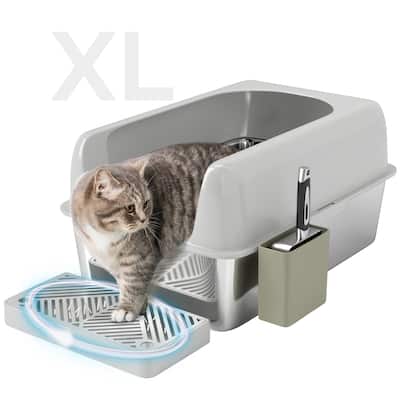 PawHut Stainless Steel Litter Box, Easy Clean Metal Litter Box with High Sided for Anti-Urine Leakage, Light Gray