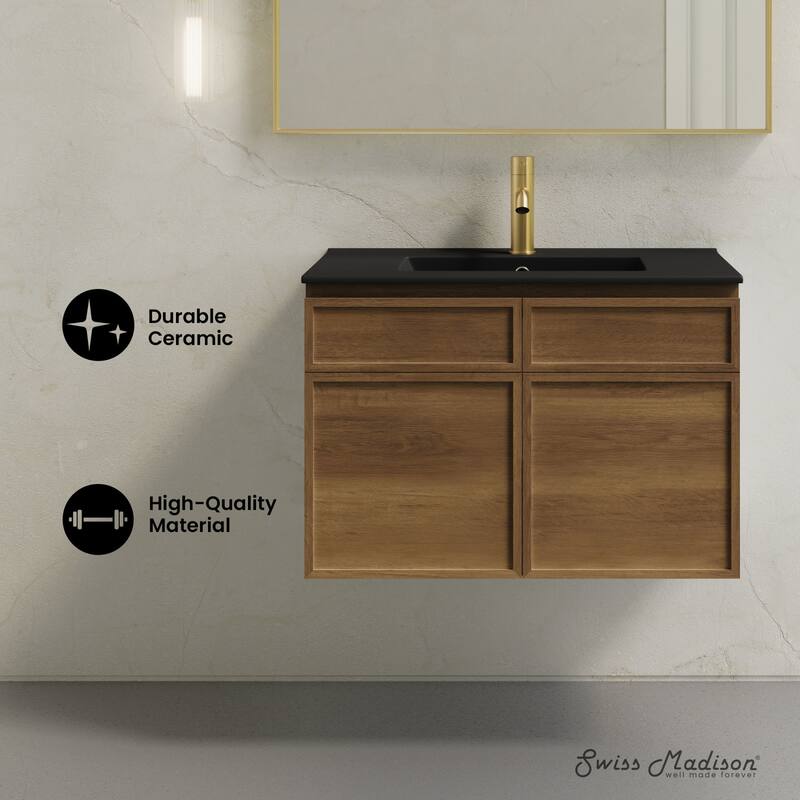 St. Tropez 30" Wall-Mounted Bathroom Vanity In Brown Oak With Black Sink Top - 30