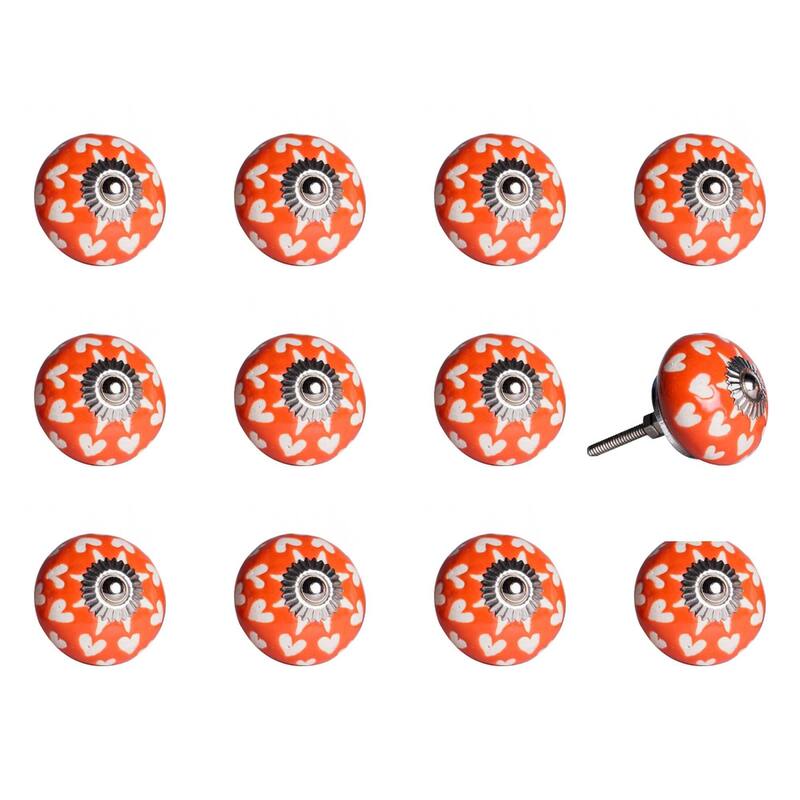 Set of 12 Hand-Painted Orange, White & Silver Floral Ceramic Cabinet Knobs - 1.5" x 1.5" x 1.5"