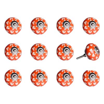 Set of 12 Hand-Painted Orange, White & Silver Floral Ceramic Cabinet Knobs - 1.5" x 1.5" x 1.5"