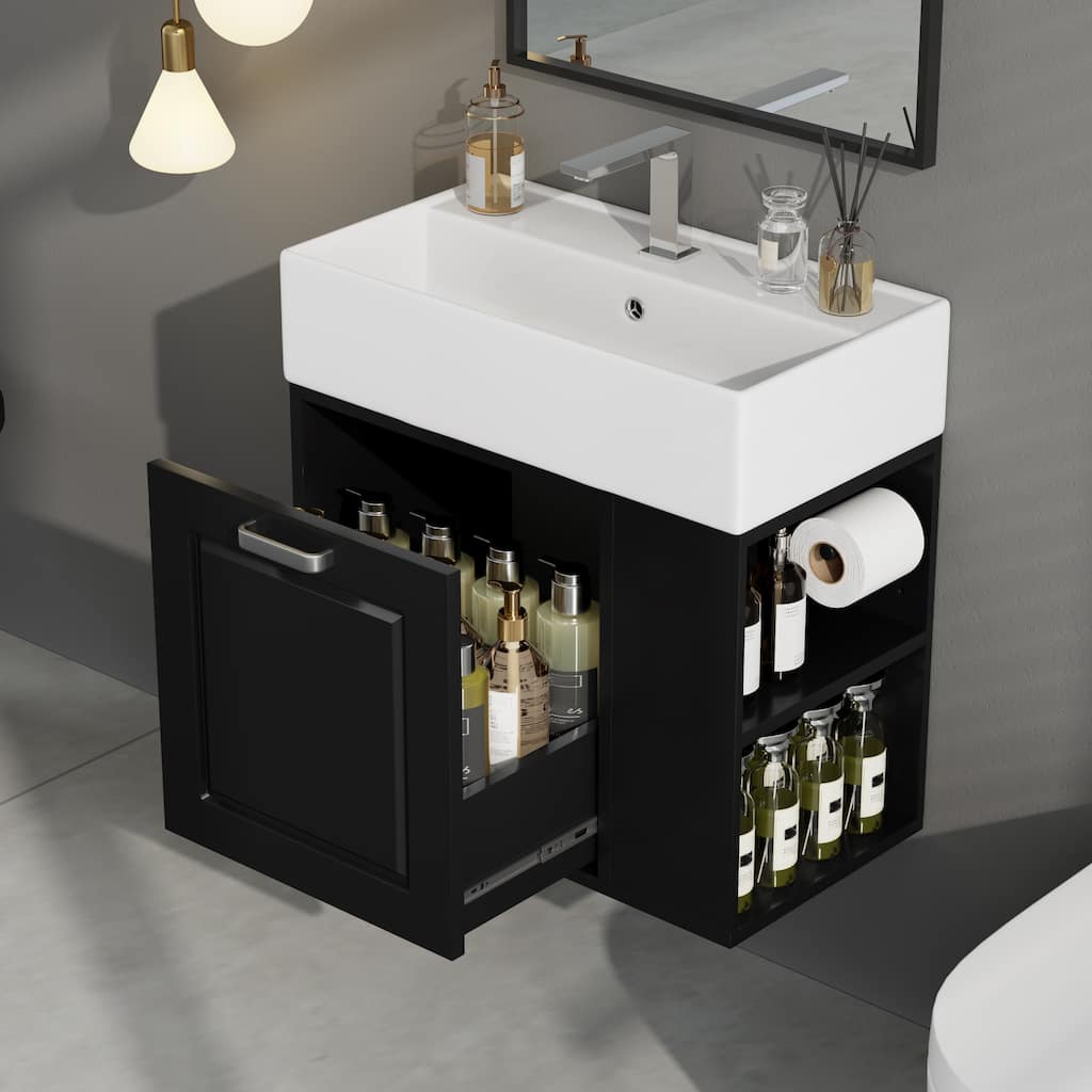 21.8" Floating Bathroom Vanity with Sink - Wall-Mounted Space Saver with Adjustable Shelf & Built-In Toilet Paper Holder