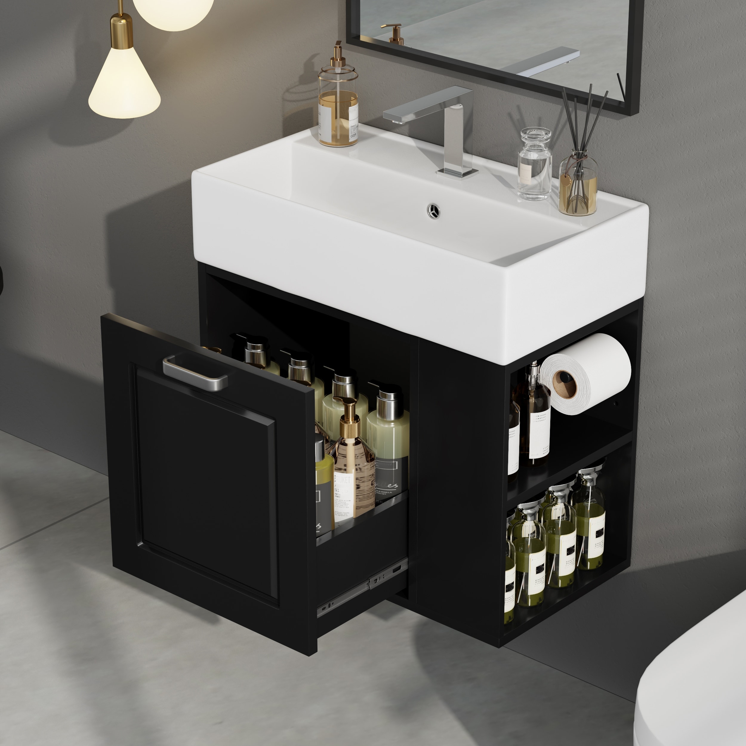 21.8 inch Bathroom Vanity with Sink, Wall Mounted Floating Cabinet with One big Drawer, Adjustable Shelf, Toilet Paper Holder