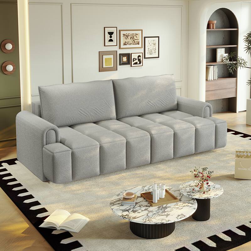 90.2" Sleeper Sofa with Pull-Out Bed, 3-in-1 Convertible Sofa Bed, Large Teddy Loveseat with Adjustable Backrest & Storage Seats - Light Grey