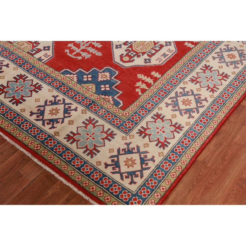 Hand Knotted Oriental 100% Wool Carpet Traditional Geometric Red Kazak Area Rug - 9' 8'' X 7' 11''