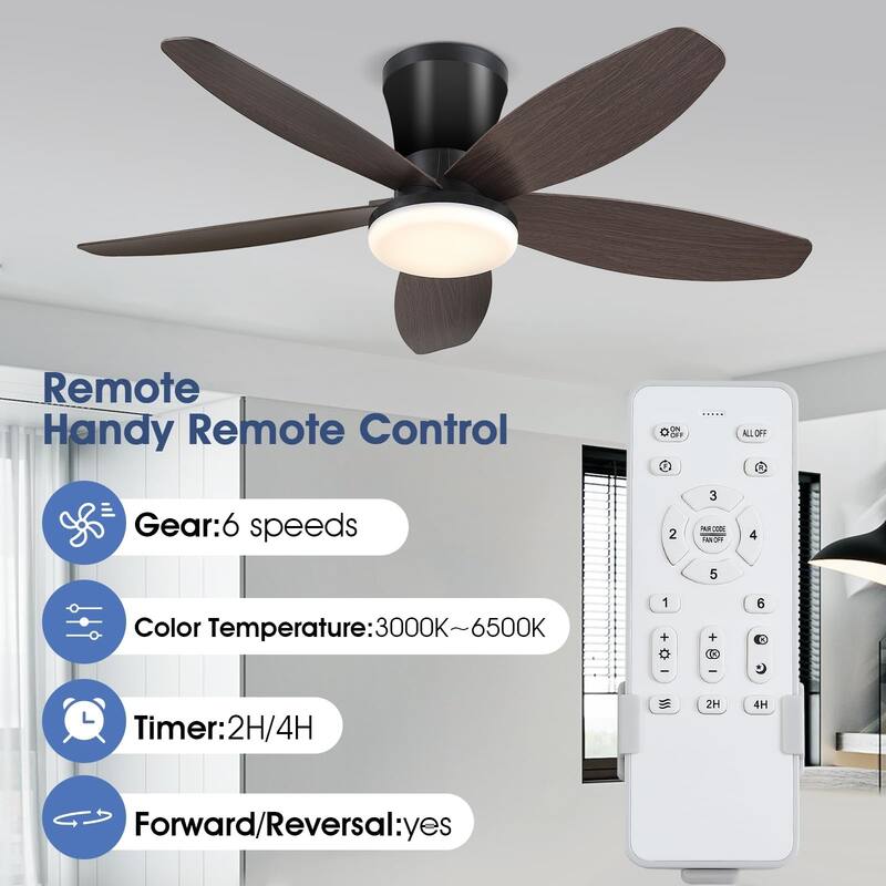 36"/42"/48" Low Profile Ceiling Fan with ABS Blades 3 Color LED Flush Mount for Bedroom Living Room APP and Remote Control