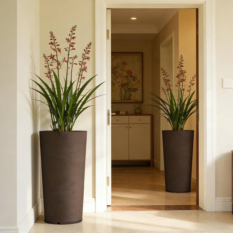 Tall Planters Set of 2, Large Tapered Flower Pots with Drainage Holes - Brown