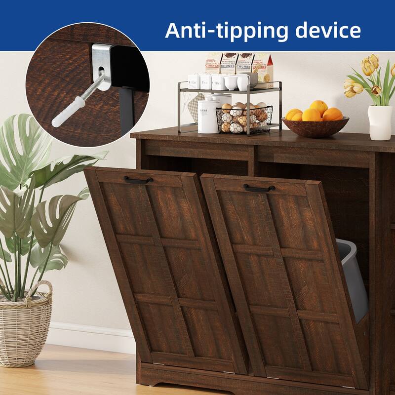 Moasis Kitchen Island with Double Tilt Out Trash Cabinet(13 Gallon) with Adjustable Shelves and Charging Station
