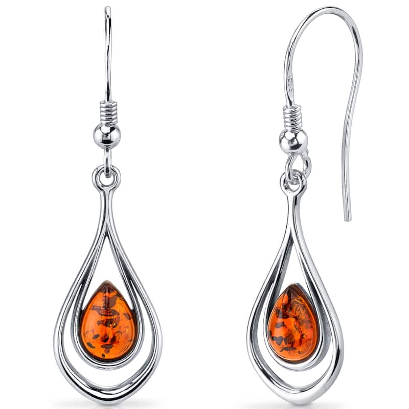 Baltic Amber Teardrop Dangle Earrings in Sterling Silver