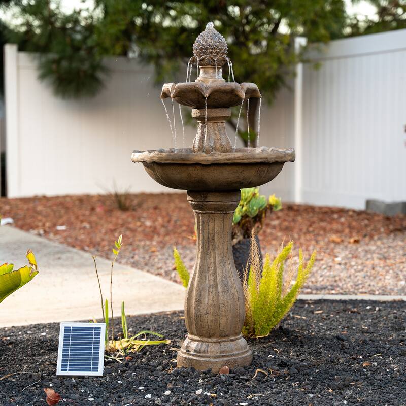 44" H Fiberglass/Resin 2-Tier Solar Water Fountain w/ Solar Panel and Auto-Shut Off Pump, Two Tiered Birdbath Fountain