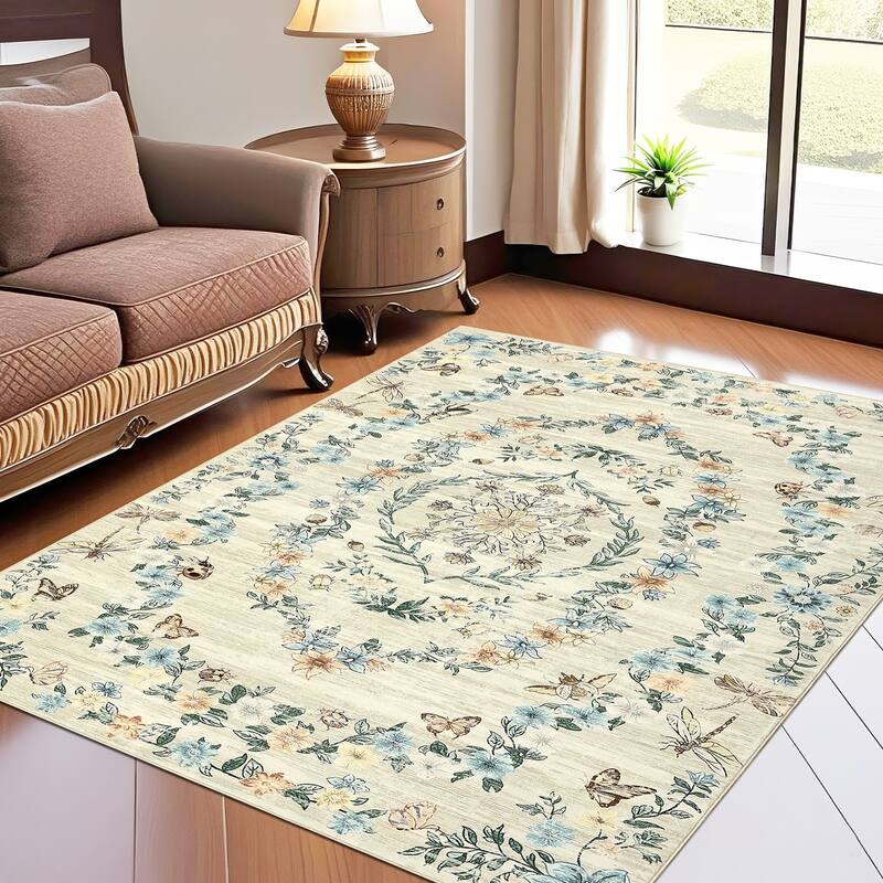 Modern Insect Botanical Pattern Area Rug Floral Print Rug Non-Slip Low Pile Soft Accent Carpet for Living Room Bedroom - 9'x12' - Beige