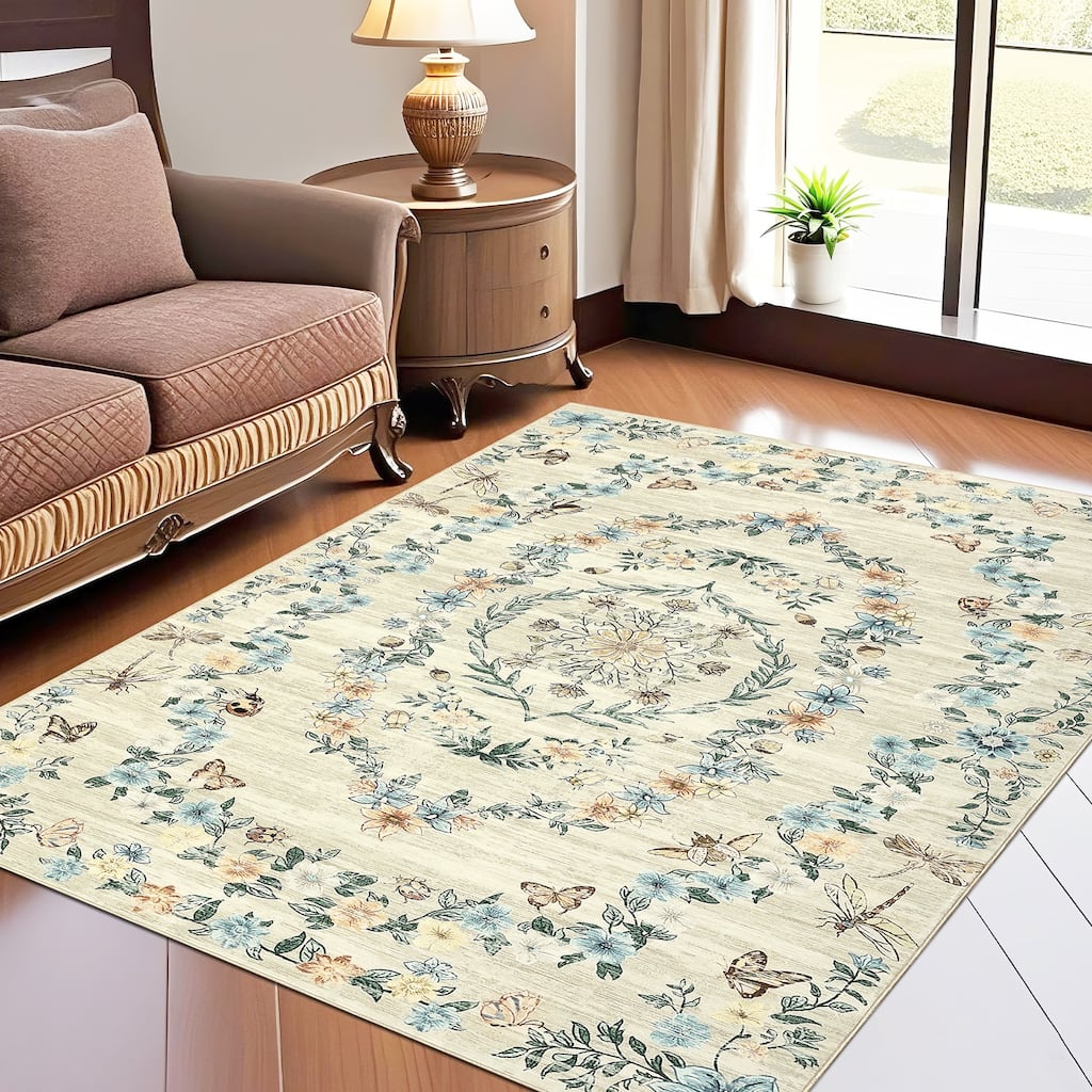 Modern Insect Botanical Pattern Area Rug Floral Print Rug Non-Slip Low Pile Soft Accent Carpet for Living Room Bedroom