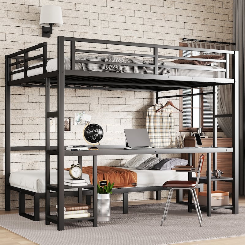 Multi-Functional Queen/Twin XL Metal Bunk Bed with Desk, Shelves, LED Lights, USB, and Sofa Conversion - Black