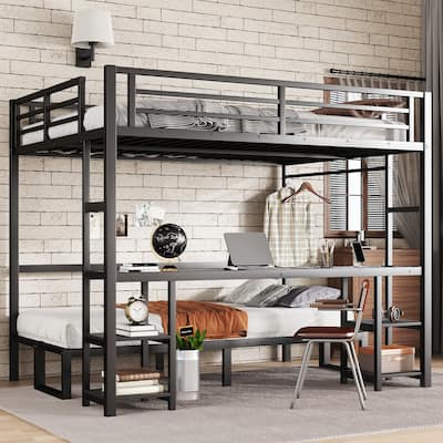 Queen Over Twin XL Metal Bunk Bed/Loft Bed with Desk and Shelves, Multiple Uses Folds into Sofa with LED and USB