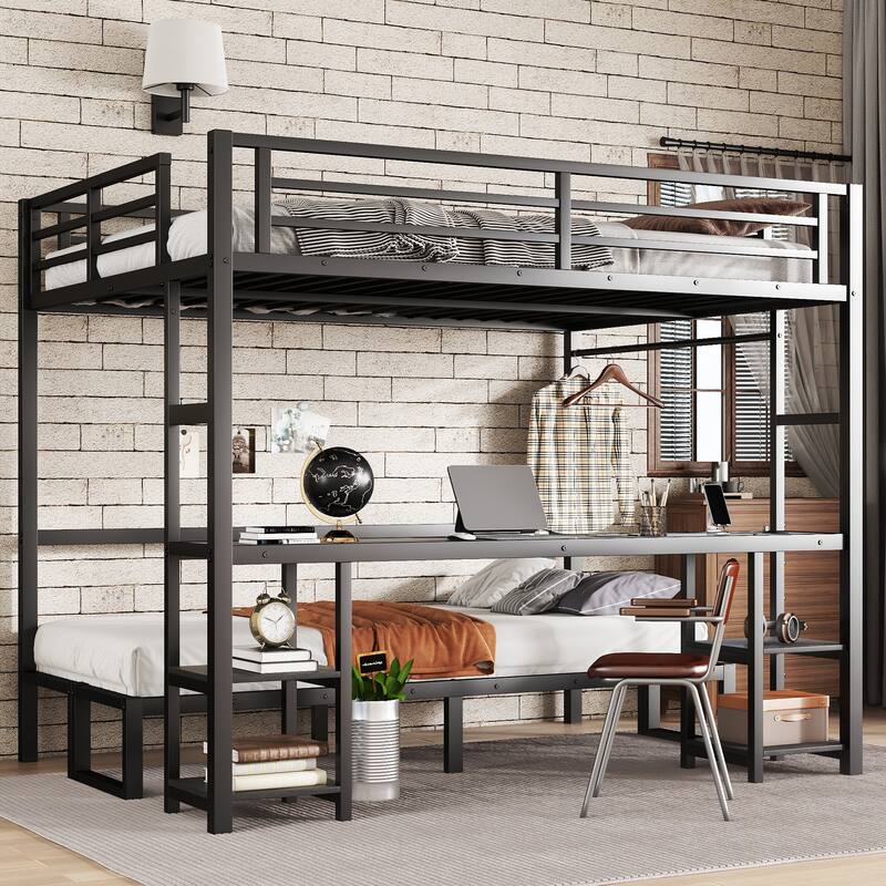 Roomfitters Queen Over Twin XL Metal Bunk Bed with Desk, Shelves, Foldable Sofa, LED Lighting & USB Ports, Black - Black - Queen