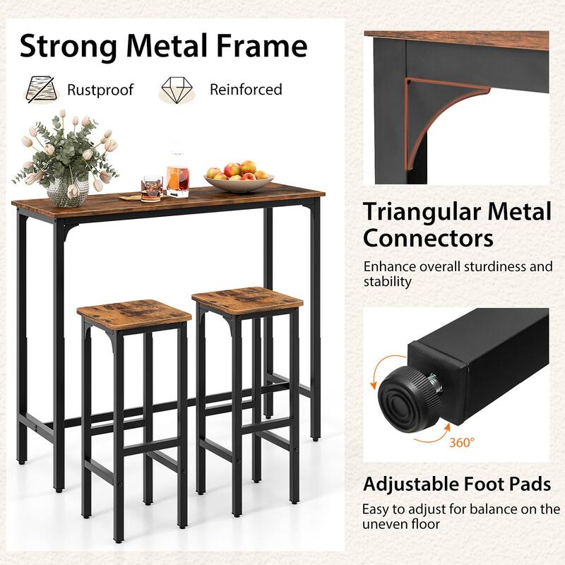 Gymax 3PCS Bar Table & Chairs Set Industrial Dining Breakfast Table