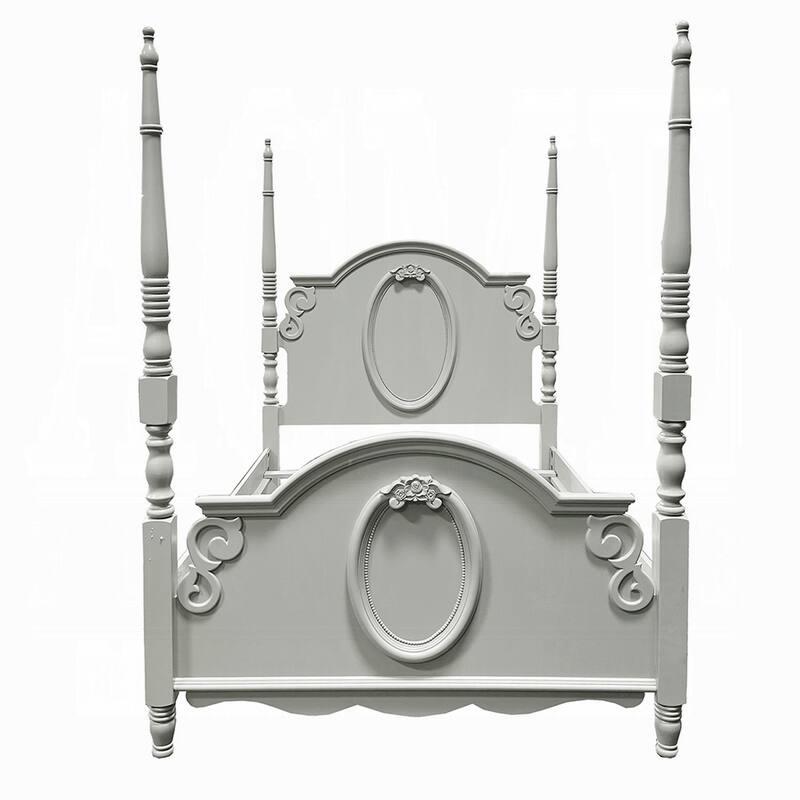 Auri Full Size Poster Bed, Arch Headboard, Classic Floral Motifs, Gray