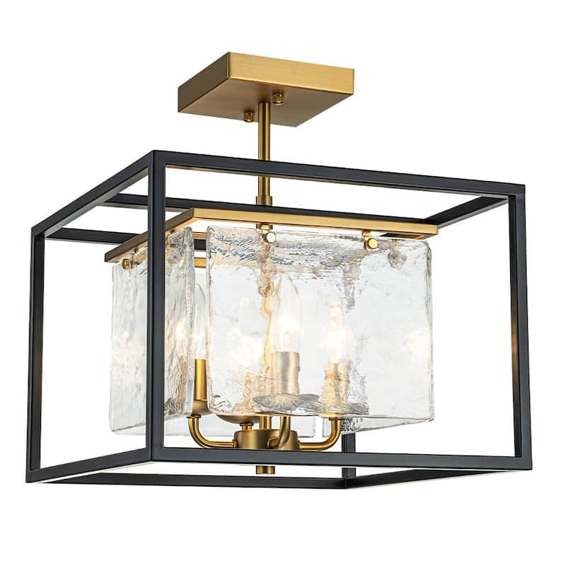 4-Light Modern Ice Glass Black and Brass Tiered Semi-flush Mount - 14.0in