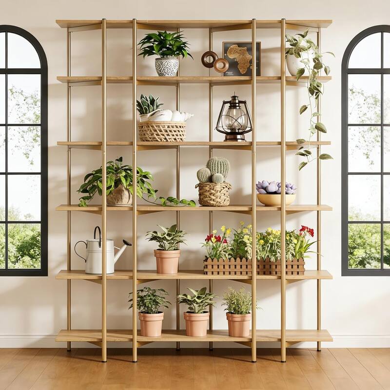 6-Tier Bookshelf, 55.1" W x 70.9" H Bookcase with Metal Frame - Brown