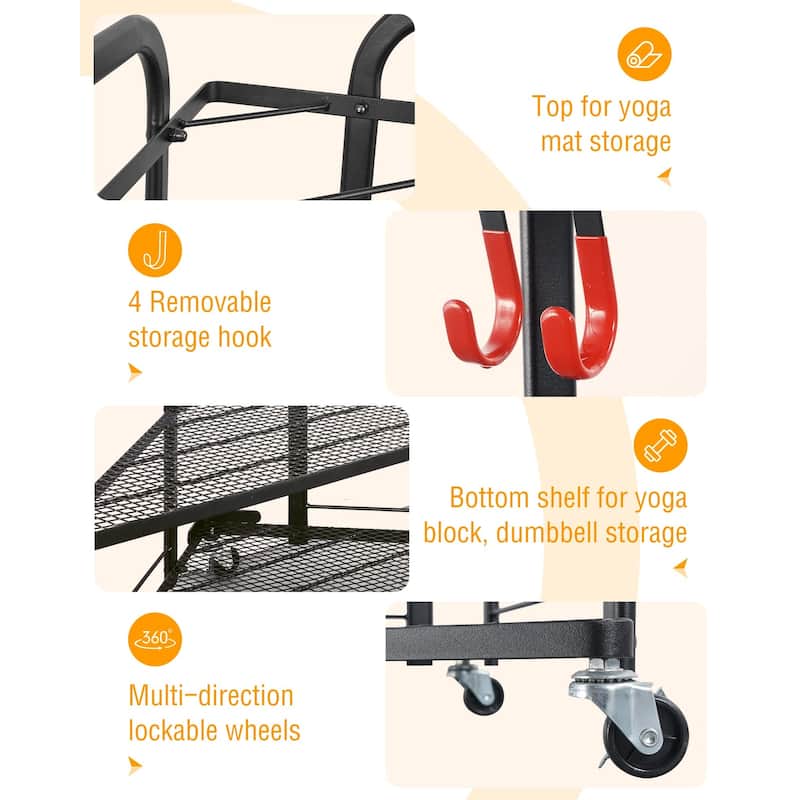 Corner Yoga Mat Storage Rack Rolling Home Gym Organizer with Hooks