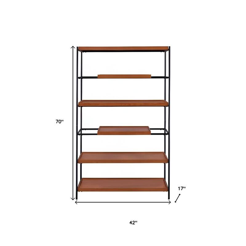HomeRoots 70" Oak And Black Metal and Wood Six Tier Etagere Bookcase