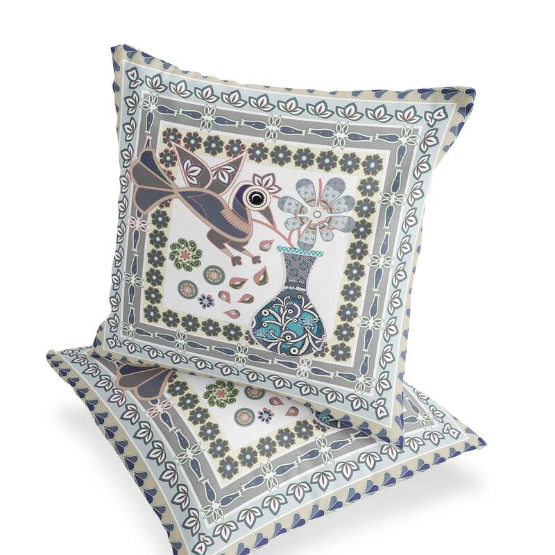 HomeRoots Set of Two 16" X 16" Gray and White Peacock Blown Seam Floral Indoor Outdoor Throw Pillow - 16.00' X '16.00' X '5.00