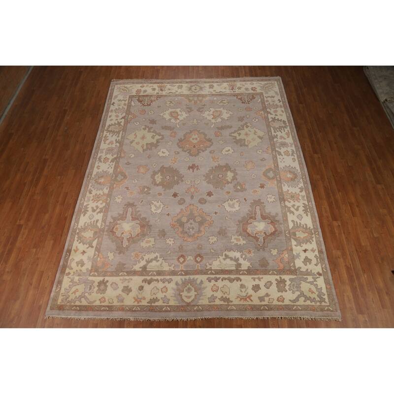 Floral Gray Oushak Indian Area Rug Hand-Knotted Wool Carpet - 9'2" x 12'0"
