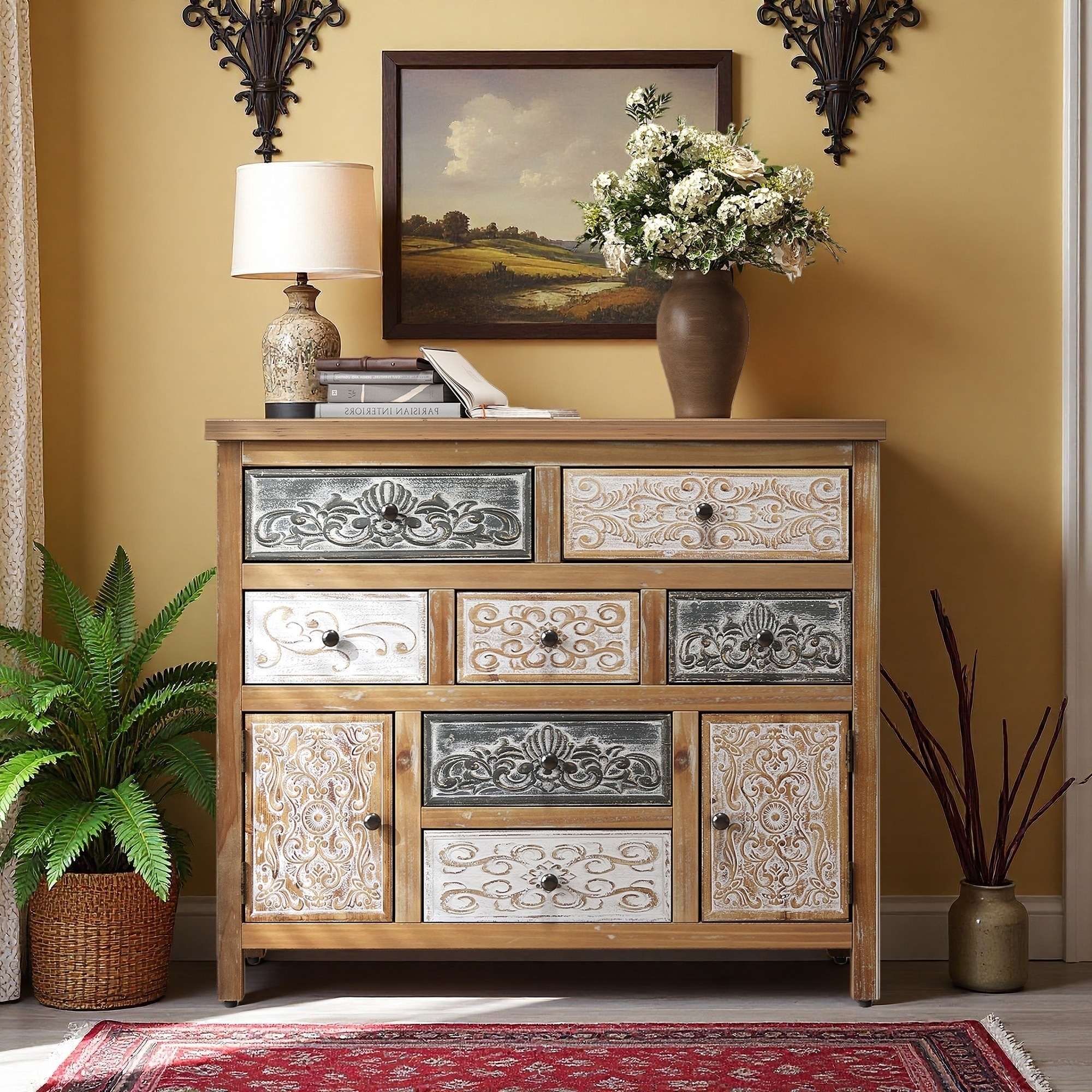 39.37" Wood Vintage Rustic 7-Drawer Accent Chest with Cabinets