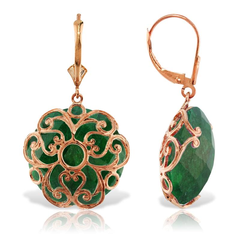 14K Solid Gold Earrings w/ Checkerboard Cut Round Dyed Green Sapphires