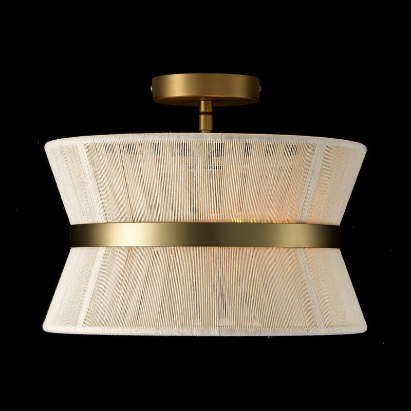 2-Light Modern Boho Gold Drum Tapered Handwoven Rope Semi-Flush Mount Light - 13.7 in. W x 11.6 in. H