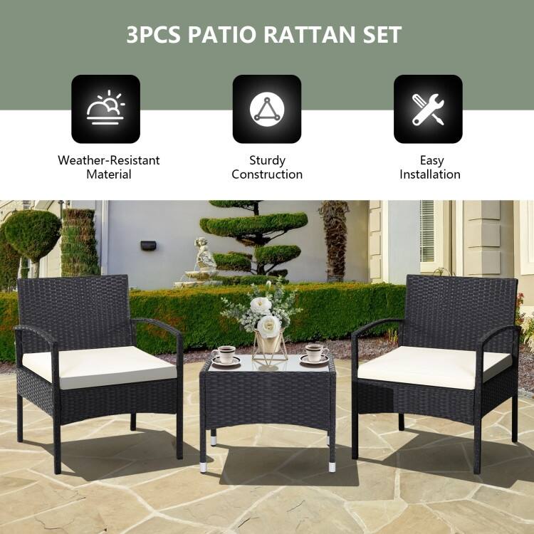 3 Pieces Patio Wicker Rattan Furniture Set with Cushion for Lawn Backyard - 19.5" x 19.5" x 15" (L x W x H)