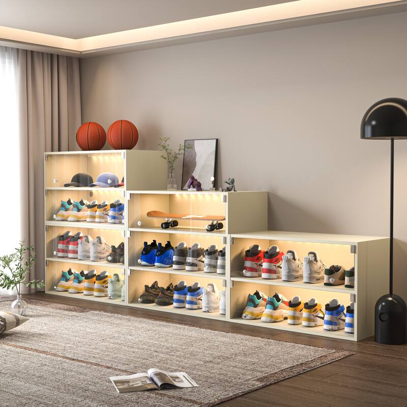 Shoe Cabinet with RGB LED Light, Stackable Bin Shoe Display Case with Glass Door