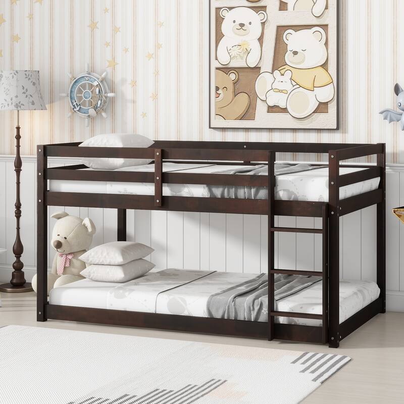 Solid Rubber Wood Twin over Twin Floor Bunk Bed with Ladder, Espresso Finish
