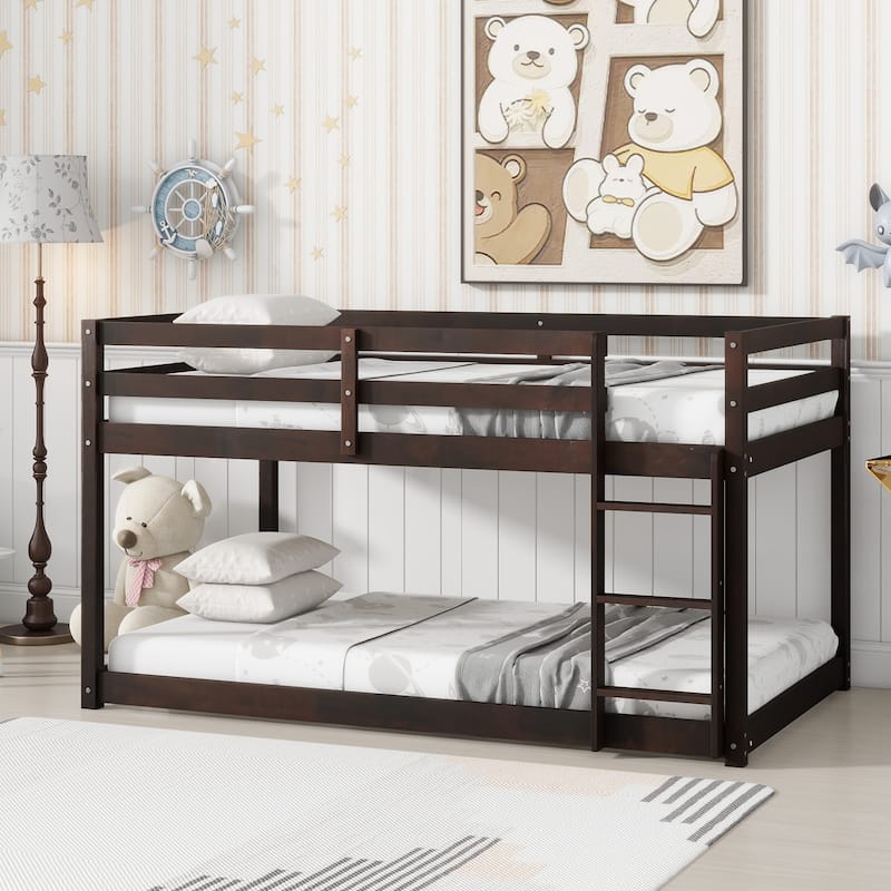 Twin over Twin Size Solid Rubber Wooden Loft Bed with Ladder, Platform of Strengthened Slats