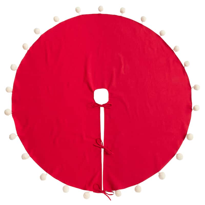 Christmas Tree Skirt With Pom Pom Design - 53"x53" - Red