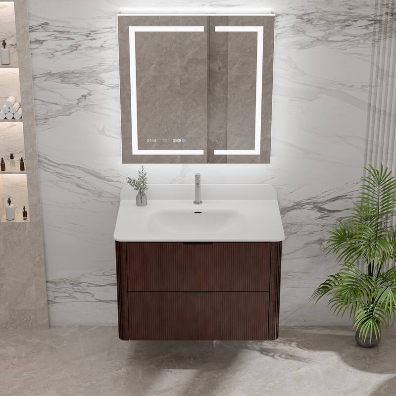 Modland Fluted Floating Vanity with Sink, Plywood Wall Mount Cabinet, Curved Edge, 24/30/36 Inch