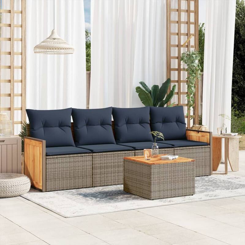 vidaXL 5 Piece Patio Sofa Set with Cushions Gray Poly Rattan - 68.1x27.2x48.8