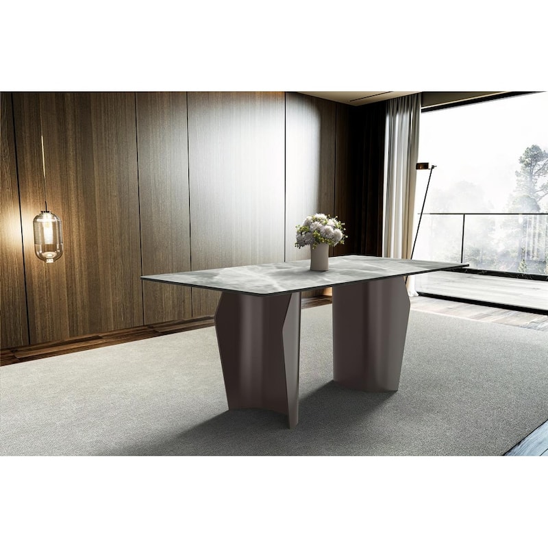 Zelan Mid-Century Modern Rectangular Sintered Stone or Glass Dining Table with Steel Legs Furniture for Home and Office