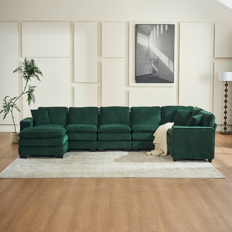Modern U Shaped 6-seat Sectional Corduroy Sofa Couch with one Ottoman and three toss pillows ,Modular Sofa for Living Room - Green