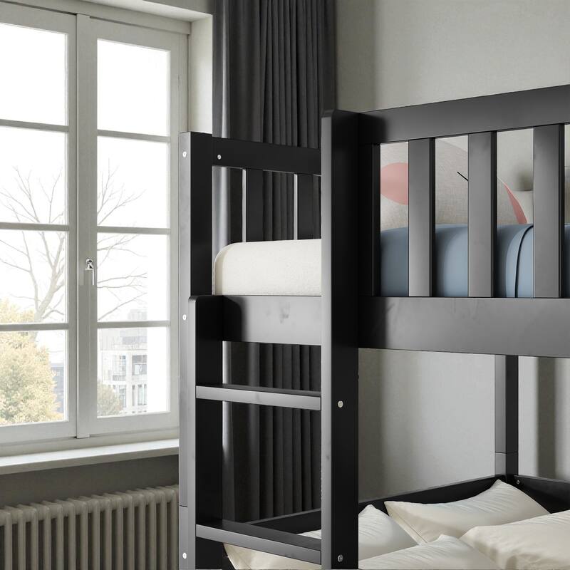 Twin Over Twin Over Twin Rubber Wood Triple Bunk Bed with Guardrails and Ladders, Detachable Convertible Triple Twin Bed Frame