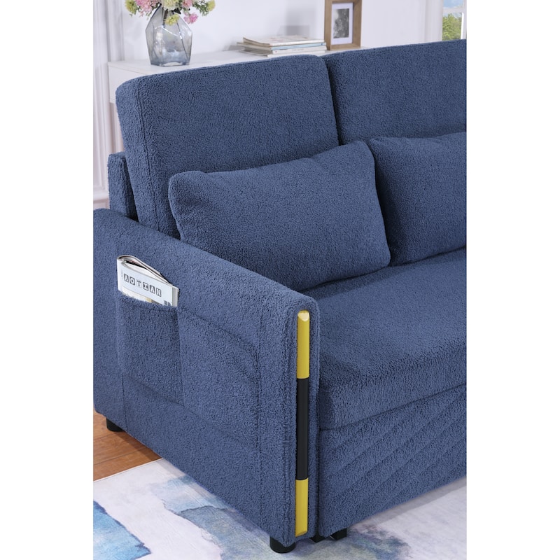 55.5"W Beige Teddy Velvet Sleeper Loveseat With Dual-Pull Sleeper Design