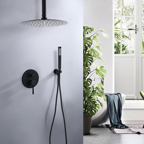 Ceiling Mount Round Shower Combo Set with 10" Rain Shower head and Handheld Shower Head Set with Pressure Balancing Valve