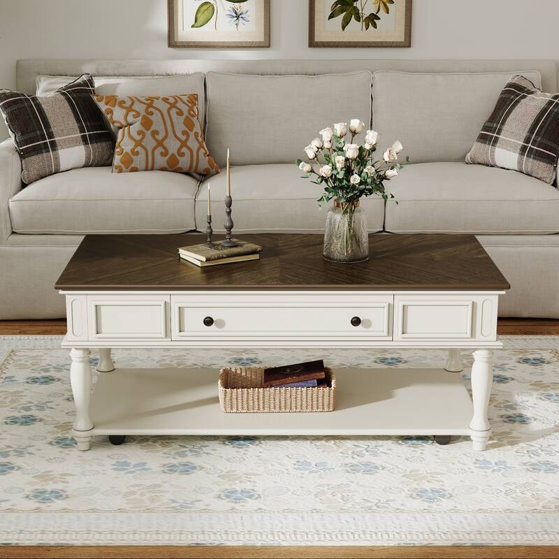 Farmhouse Coffee Table with One Drawer,Solid Wood Legs and Lockable Wheels