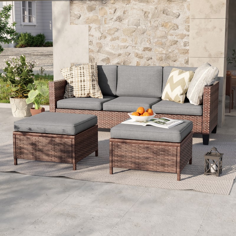 LIVOOSUN 3Pcs Patio Furniture Conversation Brown Rattan Patio Sofa Set - Brown/Gray