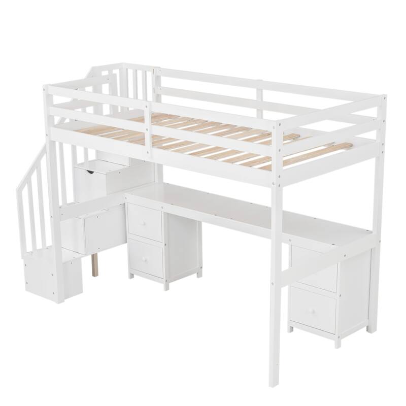Twin Loft Bed with Built-in Desk and Double Drawers, White