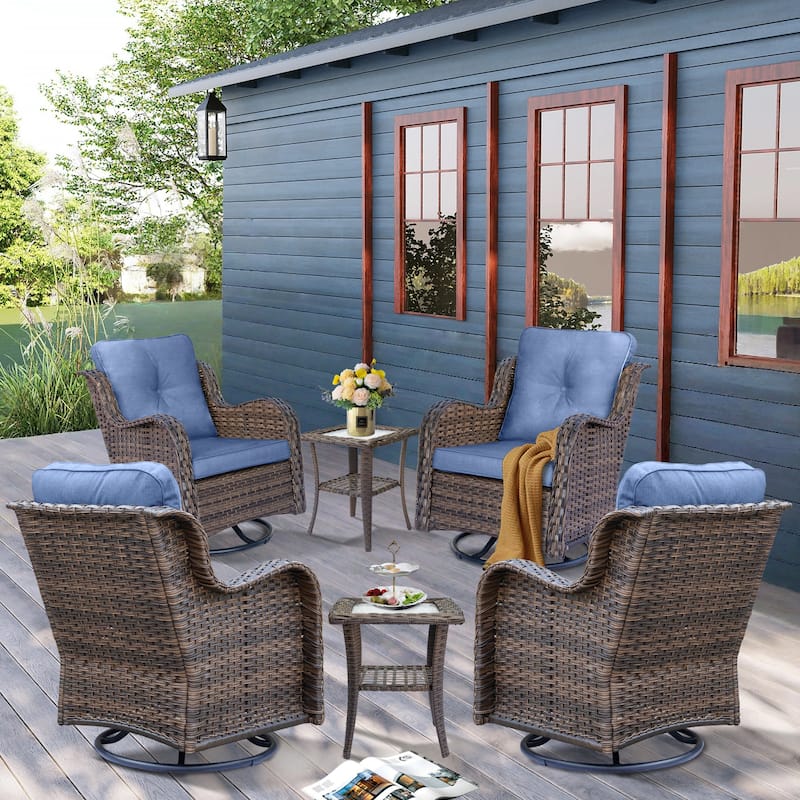 6 Piece Outdoor High Back Wicker Patio Conversation Swivel Chairs Sets