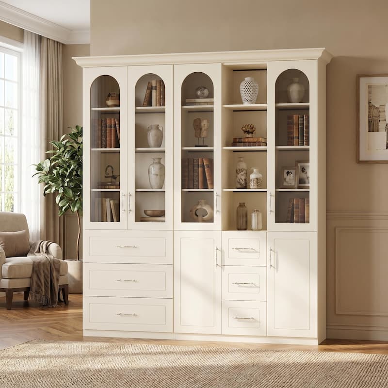 Modular Bookcase with LED Lights, Glass Door Storage Cabinet with Drawers, Large Display Shelving Unit Sideboard